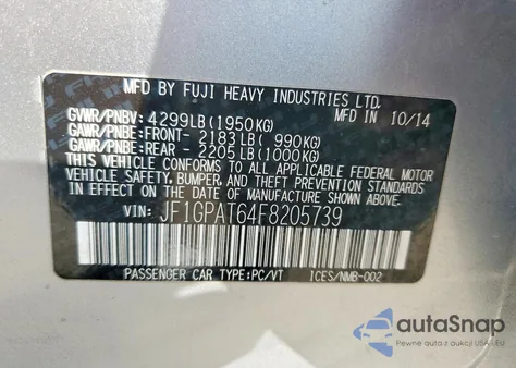 2015 Subaru Impreza Sport z USA, uszkodzony, nr VIN JF1GPAT64F8205739